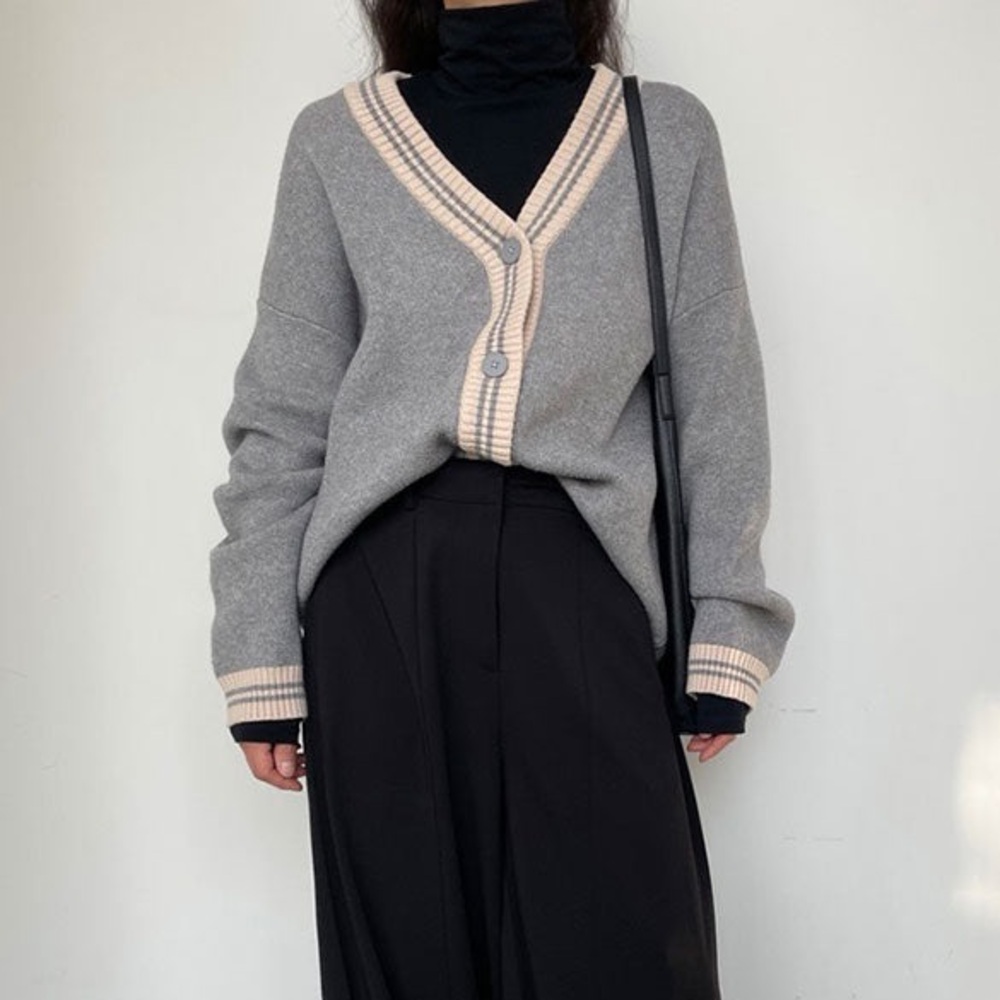 Oak & Fort HEATHER GREY BIRCH OVERSIZED BUTTON UP VARSITY CARDIGAN MEDIUM